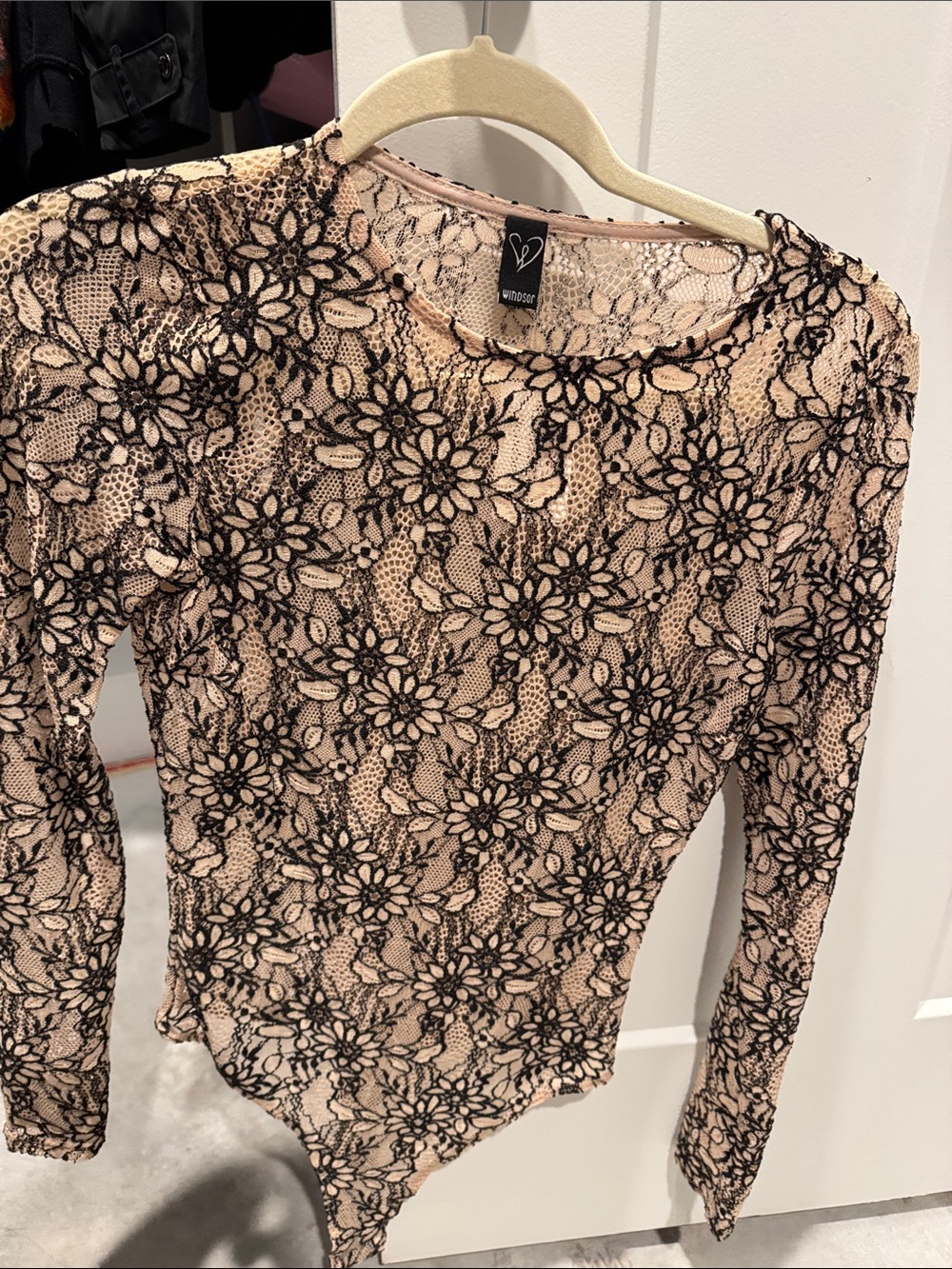Windsor Black Floral Lace Over Nude Long-Sleeve Bodysuit